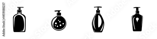 Collection of flat black icons representing various types of personal care and cosmetic bottles suitable for diverse applications
