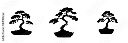 Three elegant black icons of bonsai trees showcasing unique styles and shapes for decorative purposes