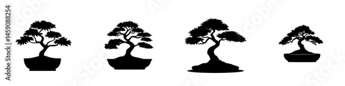 Unique flat black bonsai tree icons representing various styles and forms of bonsai cultivation for art and design purposes