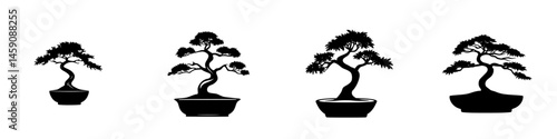 Stylized black icons depicting various bonsai tree shapes in simple and elegant designs