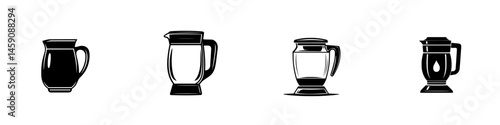 Collection of four flat black icons representing different types of kitchen pitchers and jugs in various styles and shapes