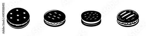 Flat black icons of assorted sandwich cookies with different designs on a plain background suitable for various applications