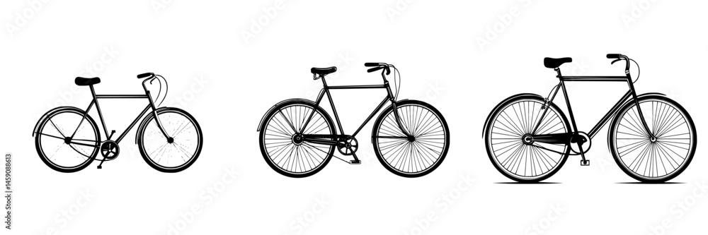Black icons of three different bicycle designs showcasing various styles and features for cycling enthusiasts Black icons of three different bicycle designs showcasing various styles and features for cycling enthusiasts