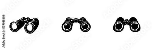 Detailed flat black icon set showcasing various styles of binoculars designed for visual enhancement and exploration