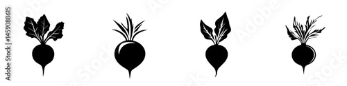 Variety of flat black icons depicting radishes showcasing different styles and shapes with detailed leaf designs
