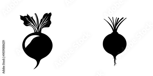 Flat black icons of radishes with leaves and roots representing fresh produce and healthy eating