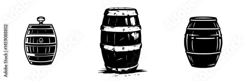 Black icon set of various barrel designs showcasing traditional craftsmanship and diverse shapes often used in storage or aging of liquids