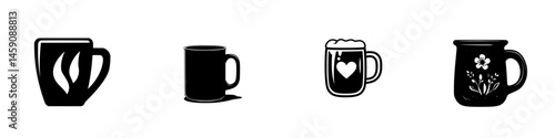Black icon collection featuring various cup designs showcasing different styles and patterns suitable for any beverage type