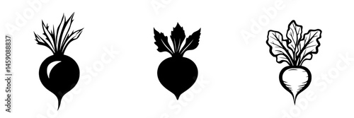 Black flat icons of radishes showcasing different styles and designs for graphic use and artistic projects