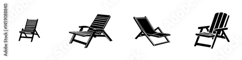 Various flat black icons of different styles of lawn chairs suitable for outdoor relaxation and leisure activities