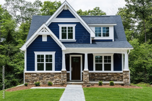 Charming,  two-story,  home  with  navy  blue  exterior,  white  trim,  stone  foundation,  and  a  covered  porch.  Features  classic  architecture