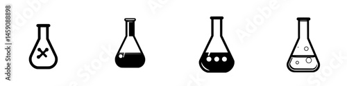 Icon set representing various laboratory flasks illustrating different chemical states or activities in a minimalist design