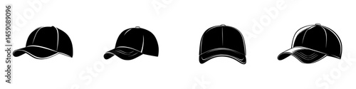 Stylish flat black cap icons showcasing different angles for versatile fashion applications