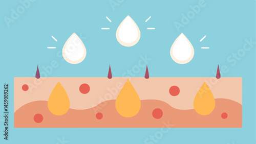 Hydration Boost A visual of skin cells plumping up after the application of an exosome serum with moisture droplets and glowing radiance around the skin.