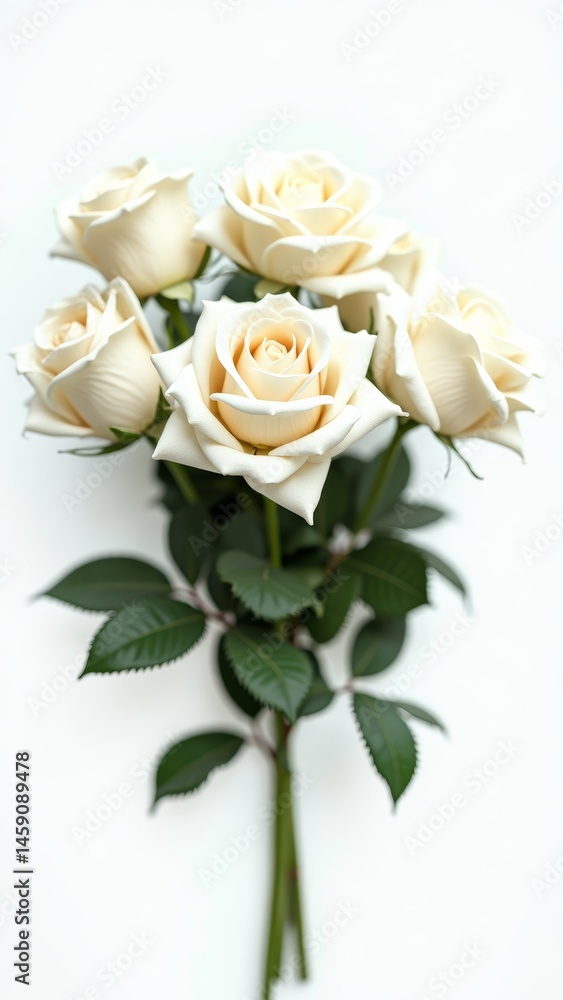 Naklejka premium Bouquet of white roses with green leaves on a black background