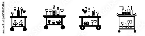 Various flat black icons of beverage carts showcasing different arrangements and items for serving drinks at events