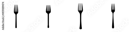 Flat black icons of forks arranged in a row showcasing different styles and shapes for culinary design purposes