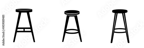 Flat black icons of three different stool designs showcasing varying heights and shapes suitable for diverse interior themes