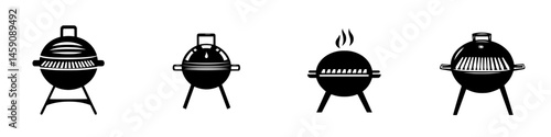 Various flat black grill icons representing different styles of outdoor cooking equipment for barbecuing activities
