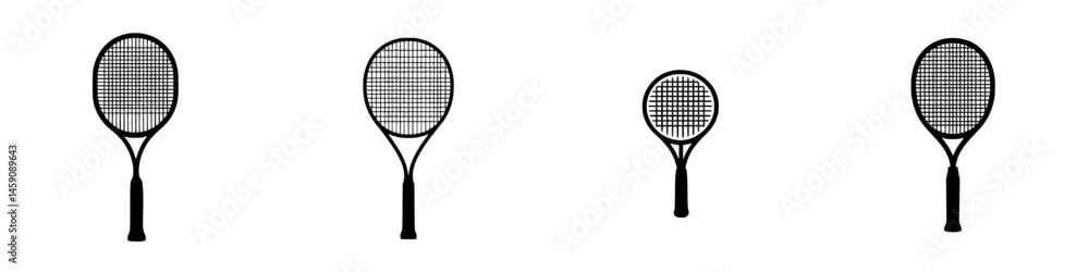 Flat black tennis racket icons in various sizes for sports design and branding needs Flat black tennis racket icons in various sizes for sports design and branding needs