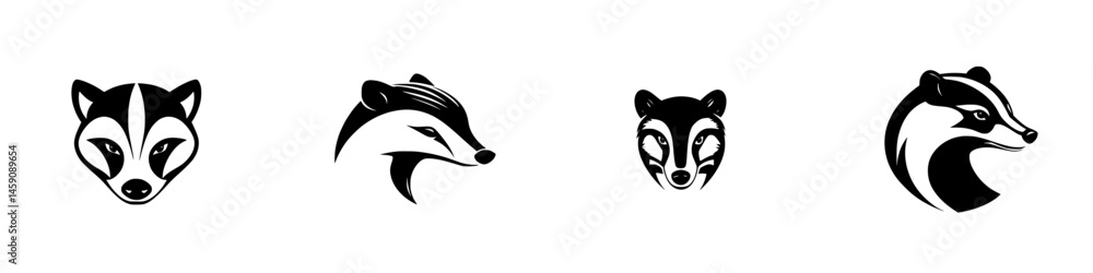 Fototapeta premium Stylized black icons of various badger faces showing different expressions and designs in a minimalist style