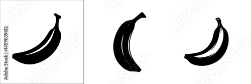 Black flat icon of a banana showcasing three different orientations with a minimalistic design style