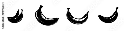 Multiple flat black banana icons showcasing diverse shapes and sizes for graphic design purposes