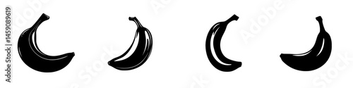 Flat black icons depicting bananas in various orientations showcasing minimalist design and fruit representation for digital use
