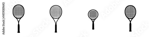 Flat black tennis racket icons in various sizes for sports design and branding needs