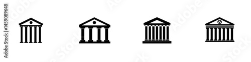 Multiple flat black icons representing classical architecture and governmental buildings in a simple design