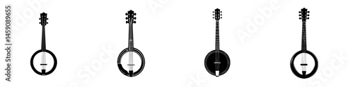 Flat black icon set of four banjos with varying designs and details suitable for educational or decorative use in music contexts