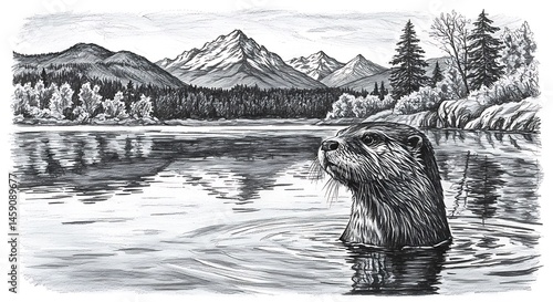 black and white minimalist sketch, adorable otter in tranquil river with autumn mountains and forest in background, subject at top with clear copy space at bottom