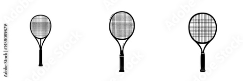 Flat black tennis racket icons arranged in a row showcasing simple design and outline style for sports graphics