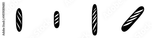 Flat black icon representing multiple bread loaves in various orientations and sizes on a clean white background