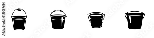 Collection of flat black bucket icons illustrating various styles and designs for graphic use in projects related to cleaning or gardening