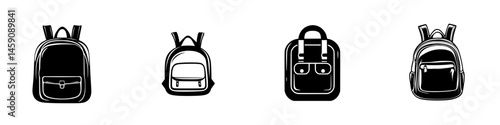 Flat black icons of various backpack designs showcasing different styles and features for outdoor activities and daily use