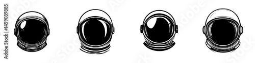 Flat black icons of four distinct astronaut helmets representing space exploration