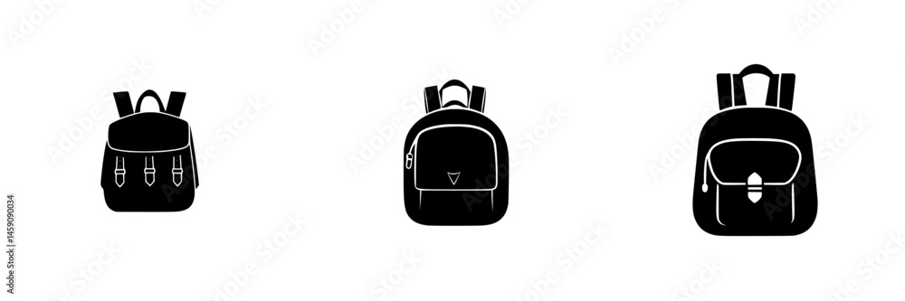 Collection of flat black backpack icons showcasing different styles and designs for use in various applications Collection of flat black backpack icons showcasing different styles and designs for use in various applications