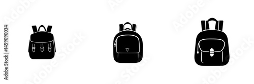 Collection of flat black backpack icons showcasing different styles and designs for use in various applications