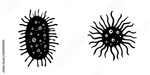 Black icons representing simple microorganisms with distinct shapes and features on a plain background