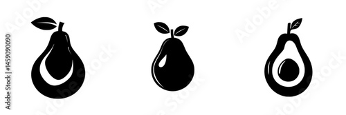 Flat black icons of pears in various designs showcasing different shapes and features for graphic design or illustration purposes