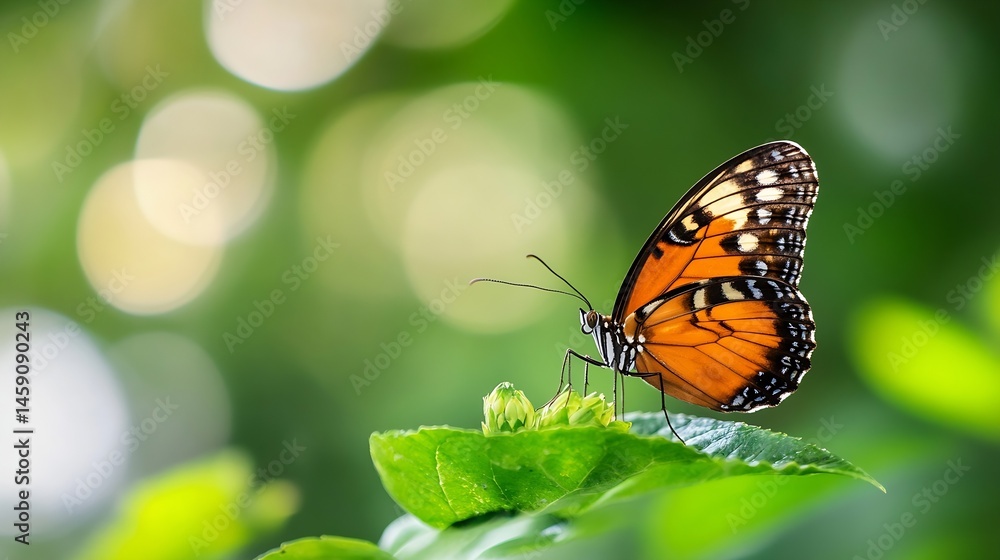 Obraz premium A vibrant orange butterfly with black markings rests delicately on a lush green leaf, its wings partially open, showcasing intricate details against a softly blurred green background. : Generative AI