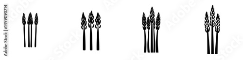 Flat black icon collection featuring stylized asparagus illustrations showing various groupings and arrangements