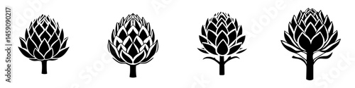 Various flat black icons depicting artichoke plants in a simple and stylized design suitable for culinary themes