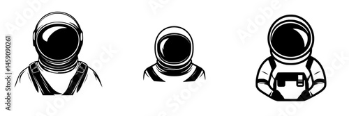 Flat black icons depicting three different astronaut designs with varying poses and details on their suits