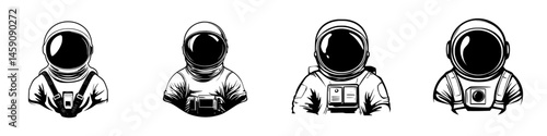 Collection of flat black astronaut icons showcasing different helmet designs and suit styles