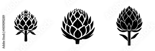 Black flat icons of artichoke plants with distinct features illustrated in a minimalistic style