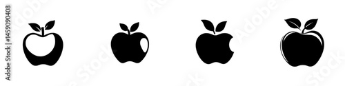 Different variations of a flat black apple icon with leaves in a simple, minimalist design suitable for various applications and themes