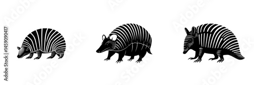 Flat black icon representing armadillos in a stylized, minimalistic design showcasing their distinctive features and patterns