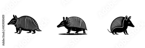 Flat black icon set showcasing three unique stylized armadillos in different poses and designs
